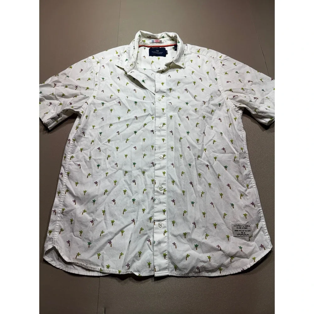 Scotch & Soda Mens White Embroidered Palm Tree Short Sleeve Button Down Shirt M - Picture 1 of 9